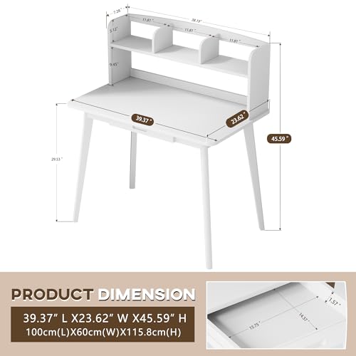 IOTXY Small Writing Desk with Hutch - 39.4" Work Computer Study Table - color: White