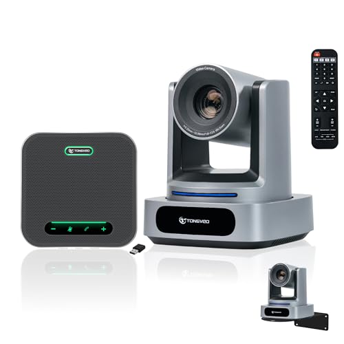 TONGVEO 4K AI 10X PTZ Conference Camera System＆ Bluetooth Speakerphone | 10X Optical Zoom 4K Video Camera, AI Auto Tracking 116° Wide-Angle, 16.4ft Audio Pickup Microphone for Church Worship - color: Silver