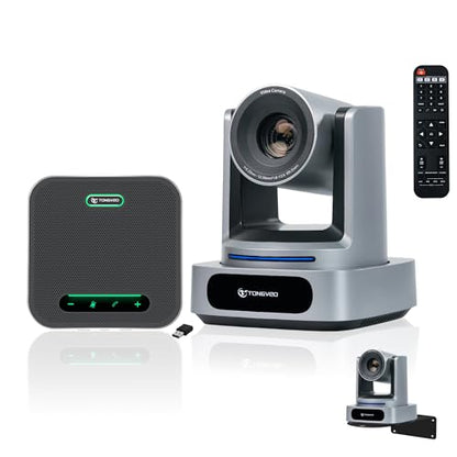 TONGVEO 4K AI 10X PTZ Conference Camera System＆ Bluetooth Speakerphone | 10X Optical Zoom 4K Video Camera, AI Auto Tracking 116° Wide-Angle, 16.4ft Audio Pickup Microphone for Church Worship - color: Silver