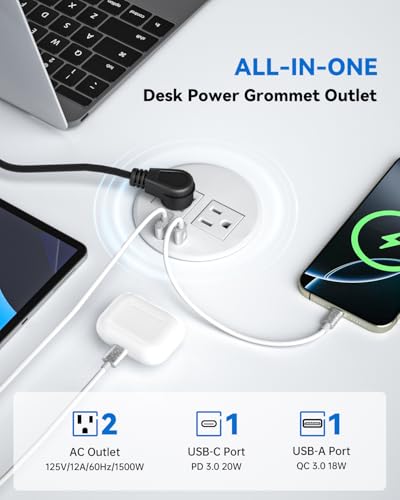 Desktop Power Grommet with 20W USB C Fast Charging, 3 inch Flush-Mount Recessed Power Strip for Desk,Office Tables,Furniture, Recessed Outlet 6FT Cord, 45° Thin Flat Plug, 2 USB Ports, White - color: White
