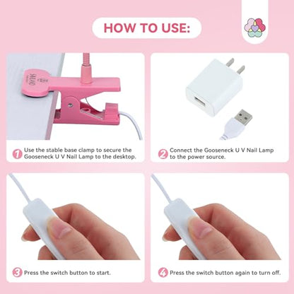 SAVILAND Gooseneck U V Light for Nails Flash Cure Gel Lamp with Desk Clip | 10s fast curing, LED UV dual light, Salon grade, Manicure use, Gel nail polish & nail tips curing tool, Pink - color: Pink