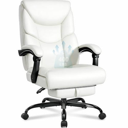 WAILOR 400lbs Office Chair with Foot Rest, Reclining Big and Tall Office Chair with Lumbar Support, High Back PU Leather Computer Chair,Comfy Desk Chair for Home Office (Casual) (White) - color: White