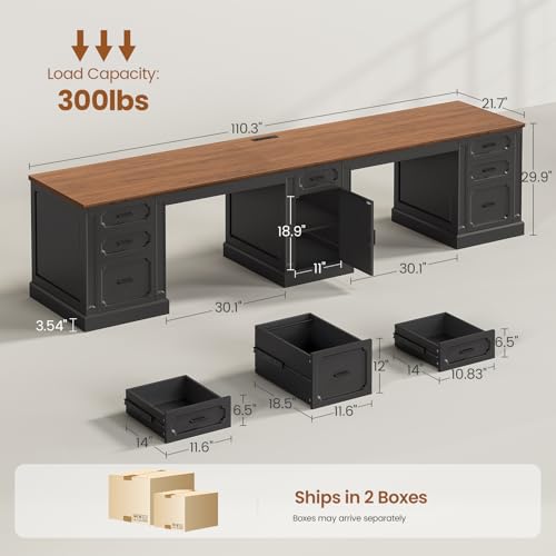 SEDETA Farmhouse 110.3" Two Person Desk with 7 Drawers, Long Computer Desk with Storage Cabinet, 2 Person Desk with Power Outlets for Home Office, Black+Brown - color: Black+brown, size: 110.3" Two Person Desk