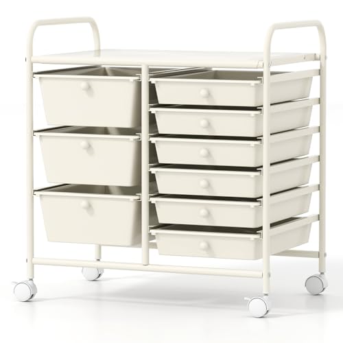 COSTWAY Rolling Storage Cart with 9 Drawer, Utility Cart with Metal Frame | Mobile Art Supply Craft Organizer, Multipurpose Storage Organizer for Paper, Office, School Teacher, Classroom, White - color: White, size: 9 Drawer
