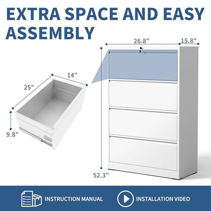 4 Drawer File Cabinet with Lock, Metal Lateral Filing Cabinets - color: White, size: 4 Drawer_ 26"W