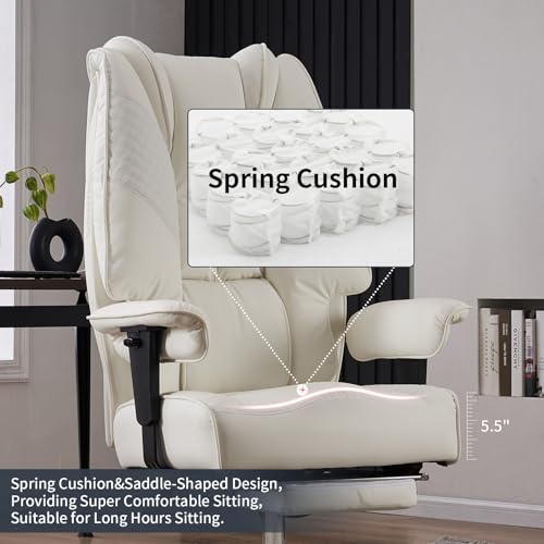 EXCEBET Big and Tall Office Chair 400lbs Wide Seat, Leather High Back Executive Office Chairs with Foot Rest, Ergonomic Lumbar Support for Lower Back Pain Relief (White) - color: Pure White