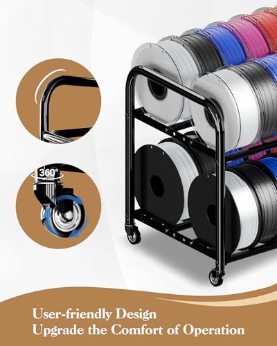 2 Tier Rolling Filament Rack, Holds 40+ 3D Spools, Under Desk Storage | Adjustable for 250g-1KG Spools, 360° Smooth Wheels, Compact 16.5" Wide, Tool-free Assembly. Perfect for 3d Farms Studios - color: Large