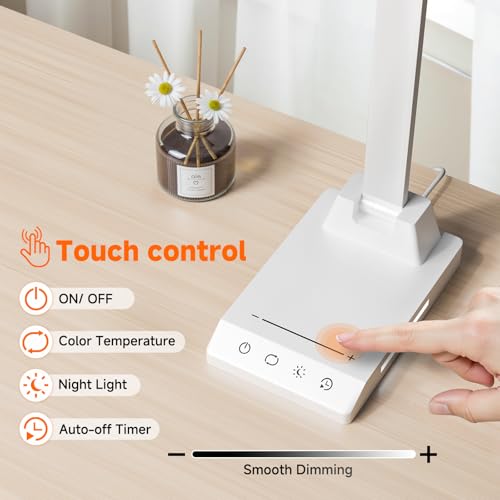 ShineTech LED Desk Lamp for Home Office,Foldable Reading Lamp with Adapter | 25 Lighting Modes and Dimmable, Touch Control, Eye-Caring LED Light for Bedroom Nighstand with Small Night Light, White - color: White