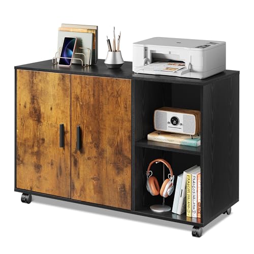 DEVAISE Office Storage Cabinet, Lateral Printer Stand, Rustic Brown | Doors and Shelves, Mobile File Cabinet, Large Office Supplies and Craft Storage - color: Rustic Brown