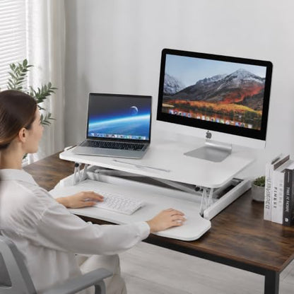 32" Height Adjustable Sit Stand Desk Converter, Dual Monitor Laptop Riser, Black (Desk Converter (White)) - color: Desk Converter (White)