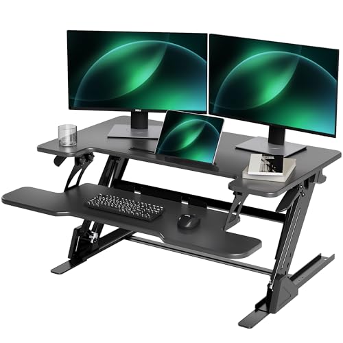 Claiks Standing Desk Converter 36In Height Adjustable Sit Stand Riser Black | Z-lift structure supports 33 lbs desktop and 4.4 lbs tray, Pneumatic spring brake for smooth 5.9-17.3 inch height adjustment - color: Black, size: 36 inch