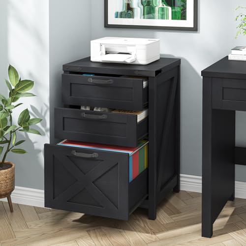 Halitaa Small Farmhouse File Cabinet with 3 Drawers for Home Office, Black | Halitaa Vertical Filing Cabinet Fits Letter and A4 Size, Farmhouse Printer Stand, Under Desk Wooden File Cabinet - color: Black, size: 3 Drawers