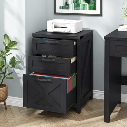 Halitaa Small Farmhouse File Cabinet with 3 Drawers for Home Office, Black | Halitaa Vertical Filing Cabinet Fits Letter and A4 Size, Farmhouse Printer Stand, Under Desk Wooden File Cabinet - color: Black, size: 3 Drawers