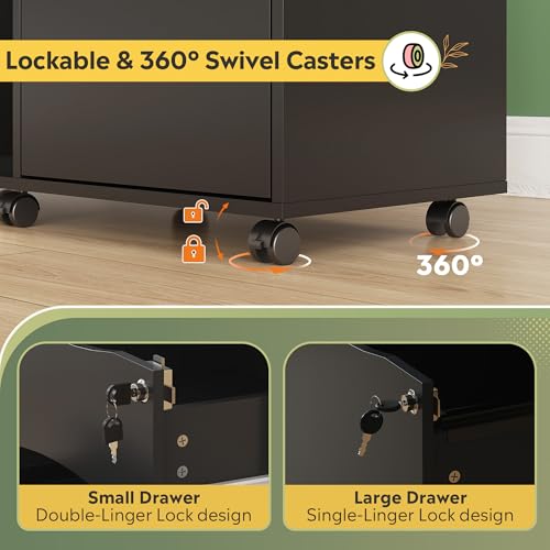 DEVAISE File Cabinet with Lock, 3 Drawer Rolling Mobile Lateral Filing Cabinets with Charging Station Printer Stand with Open Storage Shelves Fits A4 or Letter Size for Home Office Black