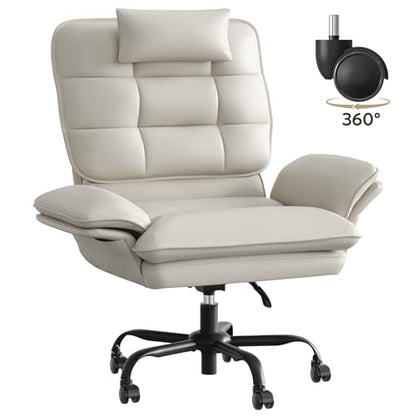 Bestier Cross Legged Office Chair with Headrest PU Leather Beige | Criss Cross Chair with Adjustable Arms 135° Reclining Executive Chair Big and Tall Computer Desk Chair for Home - color: Beige Pu Leather, size: High Back