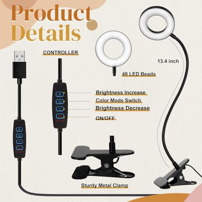 Glooglitter 4 Pcs Clip on Ring Light Desk Lamp 48 LED USB 3 Colors, Black - color: Black