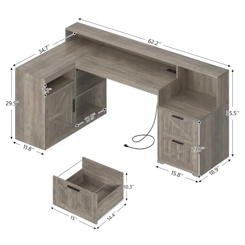 TVU Farmhouse L Shaped Desk with Drawers, 62.2" Home Office Desk with Storage Shelves and Power Outlet, L Shaped Computer Desk with Monitor Stand and Printer Shelf, Gray - color: Grey
