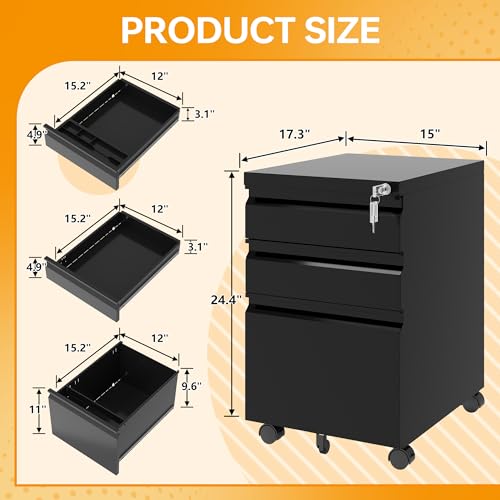 STANI 25" H 3 Drawer Mobile File Cabinet with Lock, Under Desk Metal Filing Cabinet, Locking Office Mobile Cabinet with Wheels, Letters/Legal/A4(Assembly Required Black) - color: Black, size: 3 Drawers-Assembly Required