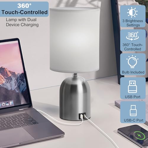 Bedside Table Lamp for Bedroom, 3 Way Dimmable Touch Desk Lamp | USB Charging Port Table Lamps for Living Room, Bedroom, Reading Room, Office, Grey/Sliver