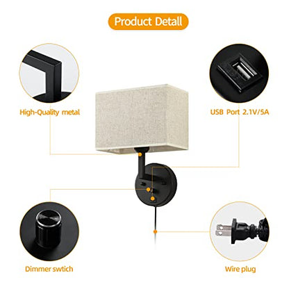 Plug in Wall Sconce with Dimmer Switch and USB Port，9.5“Rectangular Linen Fabric Shade，Bedside Wall Lamp Matte Black Finish，Wall Lamp Perfect for Bedroom, Living Room and Hotel. E26 Base - color: Black