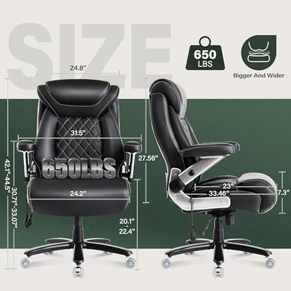 Large Big and Tall Office Chair 650lbs with Thick Spring Cushion, 5D Flip Arm Ergonomic Executive Office Chair Adjustable Lumbar Airbag&Extra Wide, Comfy Padded Heavy Duty Game Chair Dual Rubber Wheel - color: Black