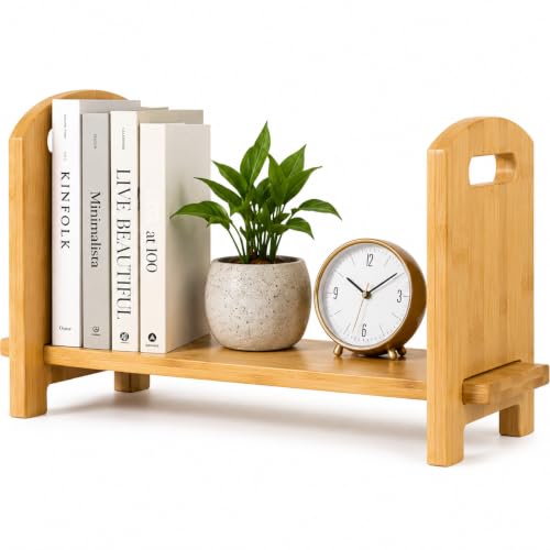 Adjustable Desktop Bookshelf - Sturdy Desk Bookshelf and Book Organizer - No Tools Required to Assemble This Desktop Bookcase, Perfect Tabletop Book Shelf for Office, Study Room - color: Natural Bamboo