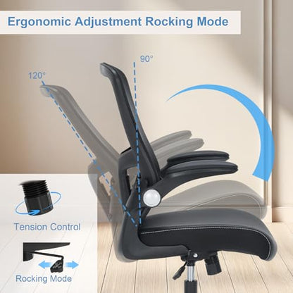 Office Chair PU Leather Cushion, Ergonomic Desk Chair with Flip-Up Arms, 300 LBS Home Office Desk Chairs Adjustable Seat Height & Lumbar Support, Executive Comfy Swivel Task Computer Chair