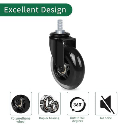 8T8 Office Chair Caster Wheels with 5/16''-18x1 Threaded Stem Caster, Heavy Duty 3" Replacement Rubber Office Chair Wheels for Smart Home Offices, Safe for Hardwood Tile Floors