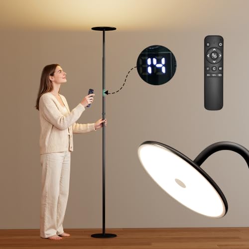60W Torchiere Floor Lamp, Sky LED Floor Lamp, 76'' Height Adjustable, 10-Level Brightness & Color Temperature, 360° Adjustable, Timer, Remote, for Living Room, Bedroom, Home Office Lighting - color: Digital Display, Remote & Touch Control