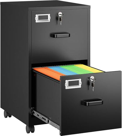 2 Drawer File Cabinet on Wheels,Metal Filing Cabinet with Lock,Black Rolling File Cabinets with Casters,Under Desk Office Cabinets for Home Office,Fit A4/Letter/Legal,Easy Assembly - color: Black, style: 2 Drawer with Wheels