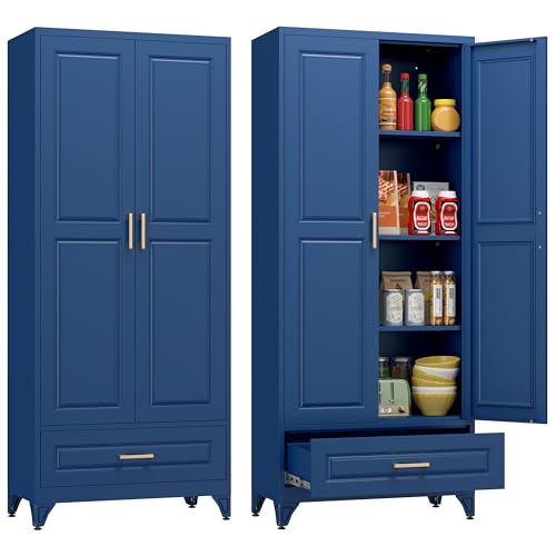 Polup 75" Metal Storage Cabinet, Tall Kitchen Pantry Cabinet with 1 Drawer | Blue Heavy-Duty Steel Cupboard, 2 Doors, 3 Adjustable Shelves, Magnetic Latch, Gold Handles, for Dining Living Room, Laundry - color: Blue, size: 75"H - 1 Drawer