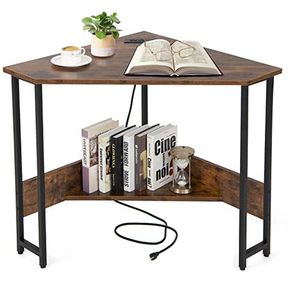 Corner Desk with Charging Station & USB Port, 90-Degree Triangle Computer Workstation w/Storage Shelf, Metal Frame, Space-Saving Laptop PC Desk for Small Space, Home Office (Rustic Brown)