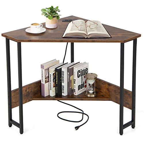 Corner Desk with Charging Station & USB Port, 90-Degree Triangle Computer Workstation w/Storage Shelf, Metal Frame, Space-Saving Laptop PC Desk for Small Space, Home Office (Rustic Brown)