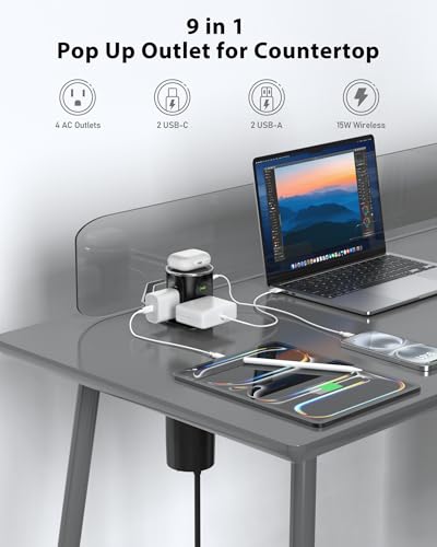 Motorized Pop Up Countertop Outlet with 45W USB C Charging Station | 4AC Outlets & 4 USB & 15W Wireless Charger, 3.15in Hole PopUp Power Electrical Outlets for Kitchen Desktop Counter - color: Black