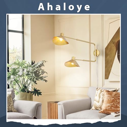 Gold 2-Light Plug in Wall Sconce, Big Adjustable Swing Arms Wall Light Fixture for Living Room Bedroom Bedside Wall Light Adjustable Swivel Arms Extendable Length 22” to 58” - color: A-Gold