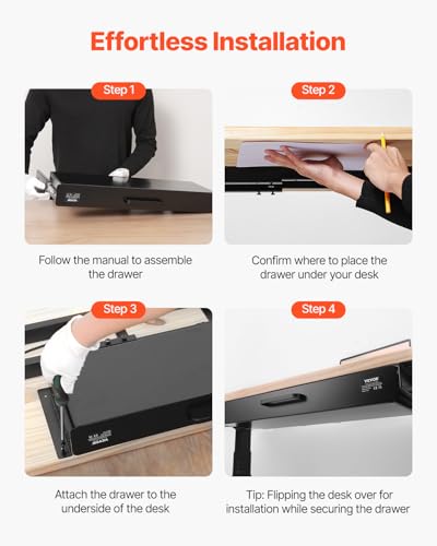 VEVOR Under Desk Drawer Slide Out, 22 inch Under Desk Mounted Pull-out Drawer Attachment, Hidden Under Counter Drawers for office Home Sit Stand Workstation, Black - size: 22inch