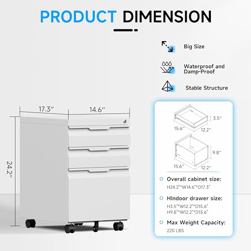 Bestoo Mobile File Cabinet, 3 Drawers Filing Cabinet with Wheels - color: White, size: 3Drawer-Mobile-24.2"H