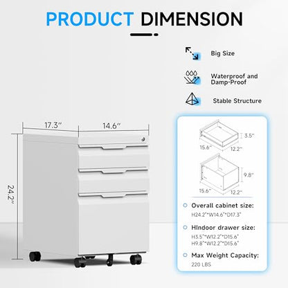 Bestoo Mobile File Cabinet, 3 Drawers Filing Cabinet with Wheels - color: White, size: 3Drawer-Mobile-24.2"H