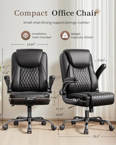 COMHOMA Mid-Back Office Chair, Ergonomic PU Desk Chair with Flip up Arms, Small Computer Gaming with Comfy Lumbar Support,Rocking Function,Sturdy Metal Base, Ink Black - color: Ink Black