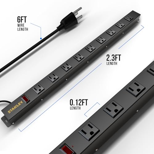 STANLEY SurgeMax Pro Metal Surge Protector Power Strip with 9 Outlets 600J Surge Protection 6 Ft Power Cord Durable Metal Housing Black