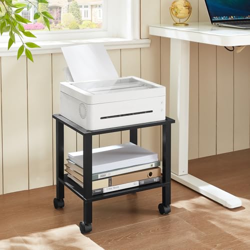 YUFAM 2 Tier Under Desk Printer Stand with Storage, Black - color: Black, size: 11.8"D×15.7"W×15.3"H