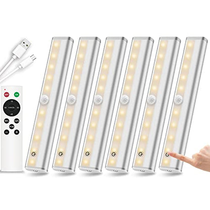Remote Control Under Cabinet Lighting Wireless 6 Pack, 20-LED Dimmable Closet Lights Rechargeable Under Counter Light, Stick on Touch Night Light Strip Bar for Kitchen Stairway Bedroom, 3 Colors - size: 6 Pack