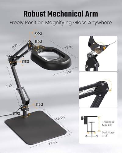 Square Magnifying Desk Lamp, Magnifying Glass with Light and Stand | 10X Dimmable LED Hands-Free Mag Magnifier Lamp with Clamp and Base, Swing Arm Light for Close Work, Reading, Crafting, Black