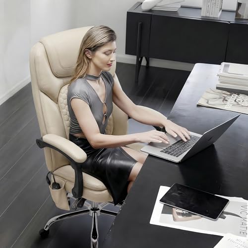 MALOL 300 lbs Massage Office Chair, Big and Tall Desk Chair with 3-Level Heat and Footrest, PU Leather Ergonomic Executive Computer Chair with Side Pocket, Beige - color: Beige, size: Set of 1, style: Classic