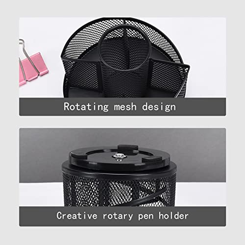 Mesh Rotating Desk Organizer, Black Pen Pencil Holder Metal Desktop Stationery Storage Caddy, 5 Grids Desk Organizer for Home Office Art Supplie, Pen Holder For Desk, Pen Holder Pen Cup Marker Holder