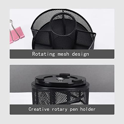 Mesh Rotating Desk Organizer, Black Pen Pencil Holder Metal Desktop Stationery Storage Caddy, 5 Grids Desk Organizer for Home Office Art Supplie, Pen Holder For Desk, Pen Holder Pen Cup Marker Holder