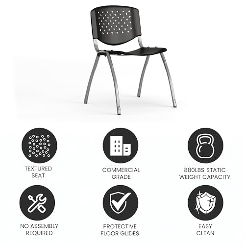 EMMA + OLIVER Home and Office Black Plastic Stack Chair with Perforated | Powder Coated, 880 LBS. Weight Capacity - color: Black