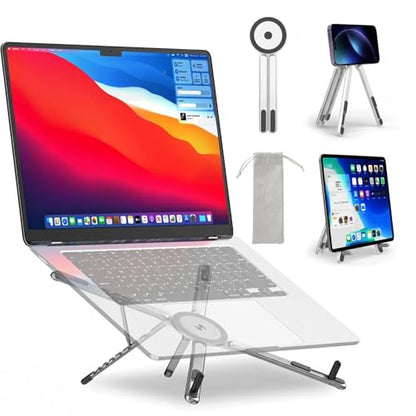 Portable Laptop Stand for Desk, 3-in-1 Adjustable Holder | MagSafe Compatible Foldable Design, 8-Level Height & Angle, Aluminum Alloy, Suitable for 10-16” Laptops (White) - color: white