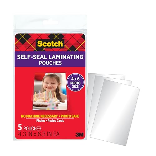 Scotch Self-Sealing Laminating Pouches, 4 x 6 Inches, 30 Pouches (6 Packs of 5) – Gloss Finish, Photo Safe, No Machine Needed (Cold Laminating Sheets) - size: 6 Pack