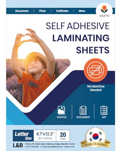 VIOLETTO Self-Stick Laminating Sheets, No Heat, 8.7x12.2 in, 4 Mil, 20 Pack | Letter size sheets with a clear glossy finish for photos, cards, certificates, menus and name tags at home or school. - size: Letter Size 20Pack